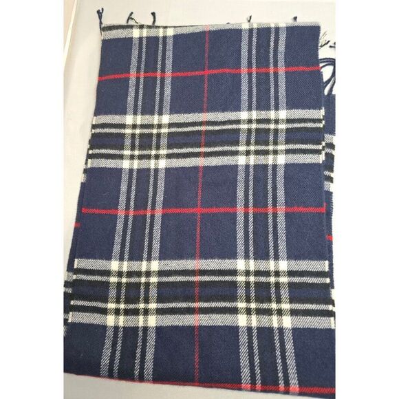 Classic Navy Blue Plaid Tartan Scarf w Fringe wool blend no tag warm ski winter - Picture 2 of 3